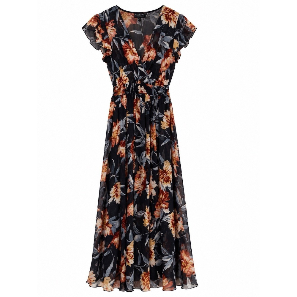 Alexa B Nites Petite 6P Navy Floral Maxi Dress V Neck Flutter Sleeve Formal - Picture 2 of 7